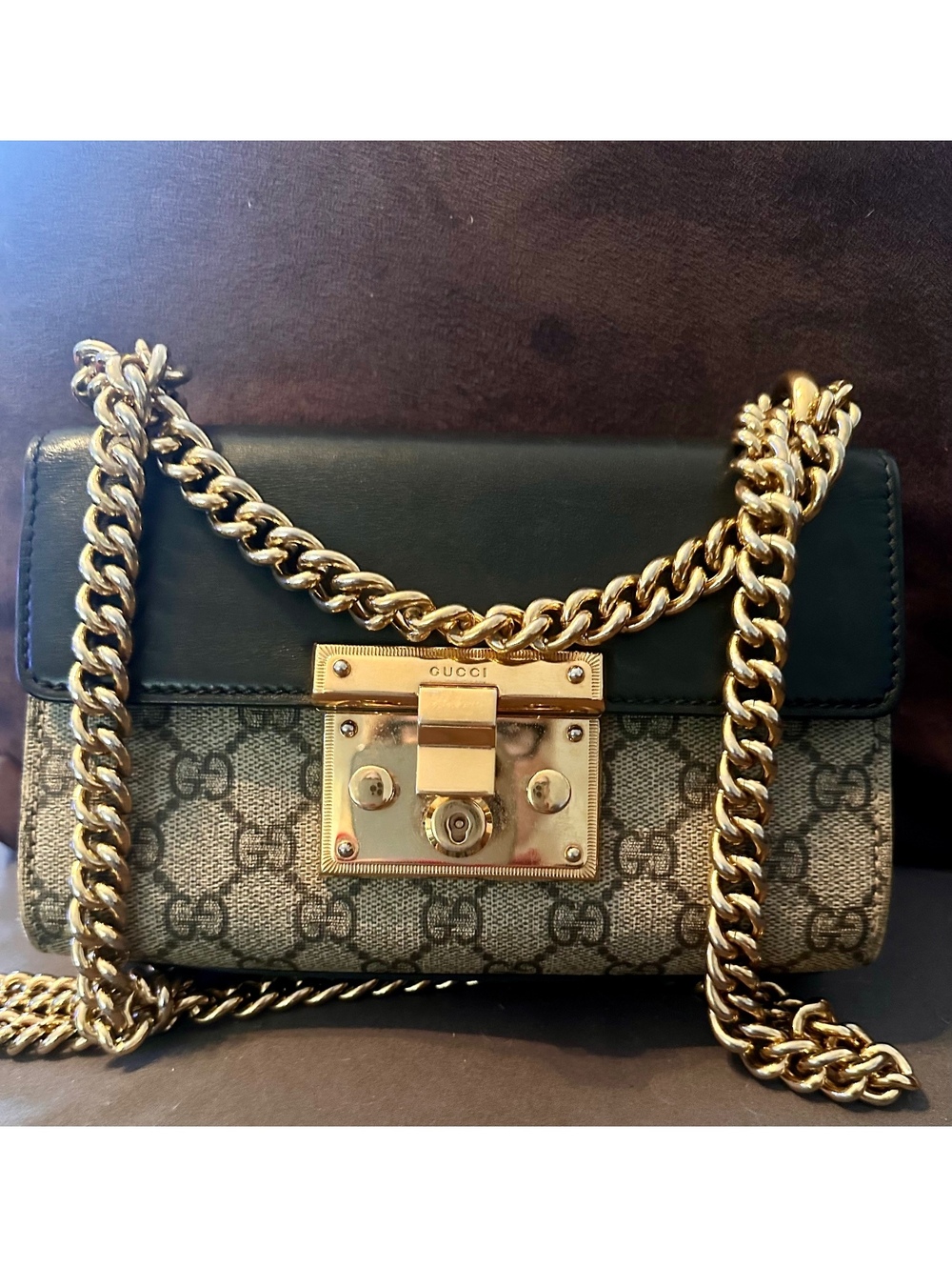 Gucci Small GG Supreme Canvas Shoulder Bag with Gold Chain Strap